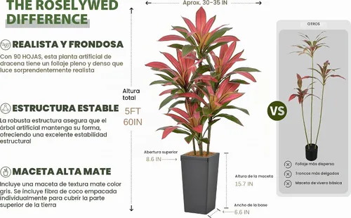 Vista 2 de Roselywed - Árbol de Dracaena artificial rojo de 5 pies, 90 hojas y maceta Maceta alta gris