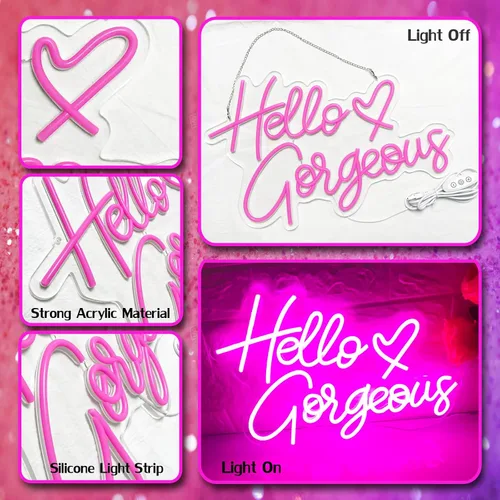 Vista 6 de Letrero de neón con texto en inglés "Hello Gorgeous Neon", luces LED de neón rosadas para el hogar, boda, cumpleaños, telón de fondo, fiesta