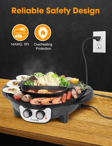 Vista 6 de Olla caliente 2 en 1 con parrilla, parrilla eléctrica coreana para barbacoa, control de temperatura dual independiente y sartén antiadherente