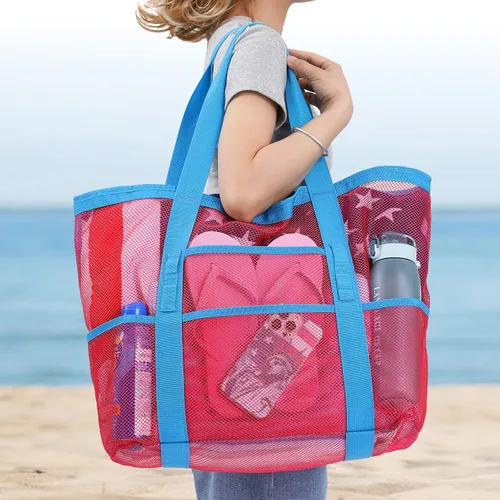 Vista 8 de F-color Bolsa de playa, bolsa de playa de malla de gran tamaño, 9 bolsillos, bolsa de toalla de playa