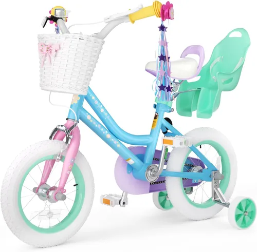 Vista 7 de KORIMEFA Bicicleta para niñas de 2 a 12 años, 12, 14, 16, 20 pulgadas, bicicleta para niños pequeños con ruedas de entrenamiento, bicicleta