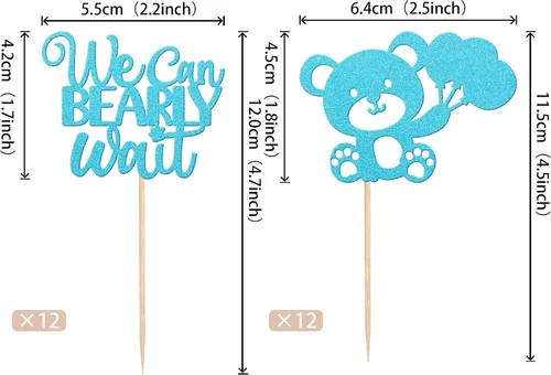 Vista 2 de 24 PIEZAS Oso de Peluche con Texto "We Can Bearly Wait" Adornos de Cupcake con Purpurina, Globo Oso para Revelación de Género, Adornos de Baby