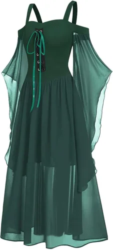 Vista 4 de Vestido gótico renacentista para mujer, talla grande, con cordones, hombros descubiertos, camisola steampunk, manga mariposa, vestidos de Halloween