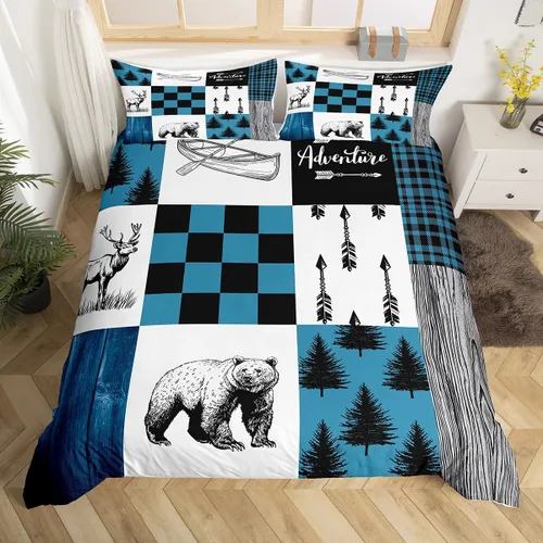 Vista 38 de Funda de edredón de cabaña marrón retro, juego de ropa de cama de retazos con diseño de oso del bosque, ciervos para cabaña rústica, funda de Multi
