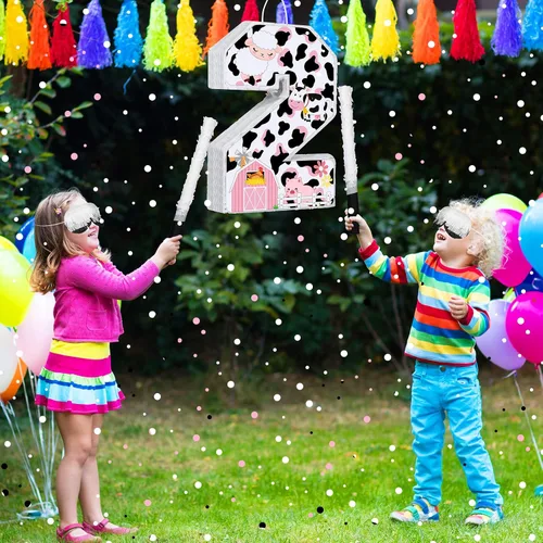 Vista 4 de Jexine Piñata de vaca número 2 de 16 pulgadas, granja de vacas rosadas, 2ª piñata, fiesta, suministros de fiesta de cumpleaños con palo vendados