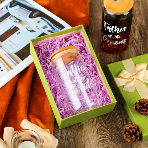 Vista 5 de 2 juegos de tazas de vidrio para madre del novio con tapas y pajitas, tazas de café helado de 16 onzas, regalos de boda para novia y novio (padre)