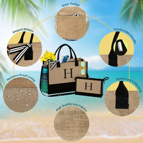 Vista 3 de TOPEAST Jute Beach Tote Bag and Makeup Bag Personalized Birthday Gifts for Women Bridesmaid Gifts