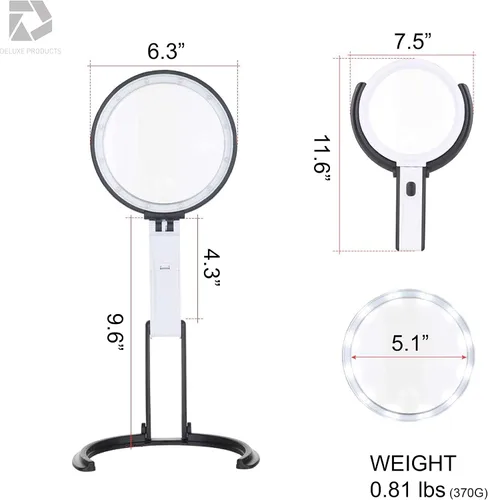 Vista 5 de Deluxe Products Lupa plegable con luz y soporte, 2 en 1, luz de lupa ligera de mano o manos libres. Lente bifocal 2X 5X para manualidades, lectura