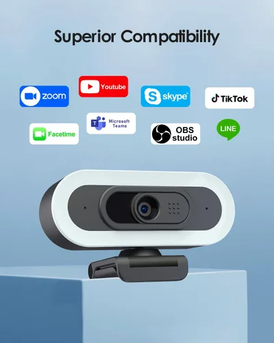 Vista 9 de Cámara web 2K 50FPS para PC/Mac, cámara de computadora con luces RGB de relleno, 2 micrófonos con cancelación de ruido, enfoque automático y trípode