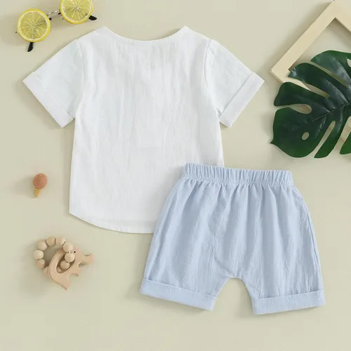 Vista 88 de Conjunto de ropa casual de manga corta con botones y pantalones cortos de lino para bebés y niños pequeños