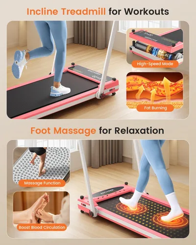 Vista 3 de Cinta de correr con masaje de pies, caminadora de doble cara con inclinación, almohadilla plegable con barra de mango, cintas de correr plegables