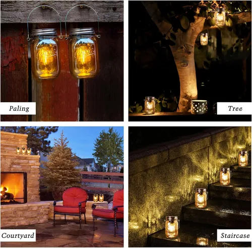 Vista 2 de MJ PREMIER - Paquete de 2 linternas LED ámbar con tarro de masón, funciona con pilas, luces de vidrio vintage inalámbricas con temporizador de 6