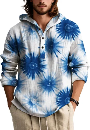 Vista 11 de Camisas de manga larga con estampado de teñido anudado para hombre, sudadera con capucha de 3 botones, sudadera retro cómoda con capucha