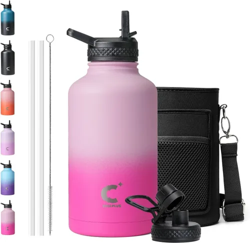 Vista 10 de Coolplus - Botella de agua de 32 onzas aislada, termo de agua de acero inoxidable con popote de metal de doble pared al vacío con funda de Negro