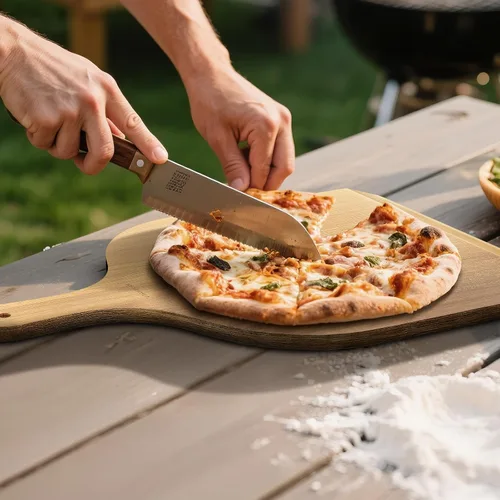 Vista 6 de G.a HOMEFAVOR Pala de pizza de madera de acacia, paleta de pizza de 12 x 14 pulgadas con mango de madera, espátula de pizza para hornear