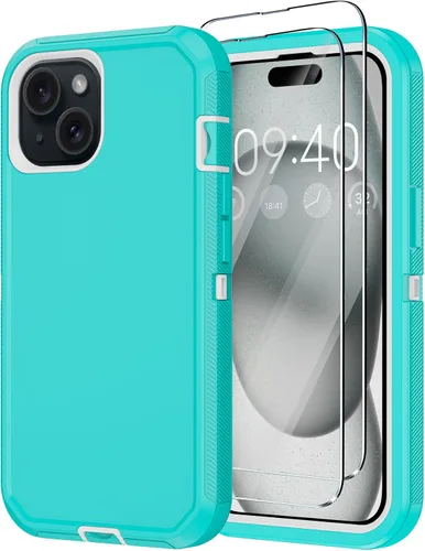 Vista 9 de Funda para iPhone 15 con 2 Protectores de Pantalla, Protección Contra Caídas a Prueba de Golpes, Cuerpo Completo, Uso Pesado, 3 Capas, Militar Negro