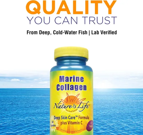 Vista 4 de Nature's Life Marine Collagen Deep Skin Care Formula Plus Vitamin C de pescado de agua fría profunda 30 porciones, 60 cápsulas