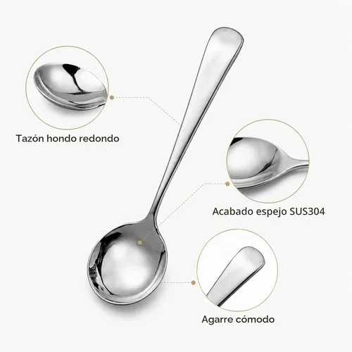 Vista 4 de IMEEA Cucharas de postre de acero inoxidable de 6 pulgadas, cucharas de sopa redondas para arroz, helado y cereales, SUS304, juego de 4