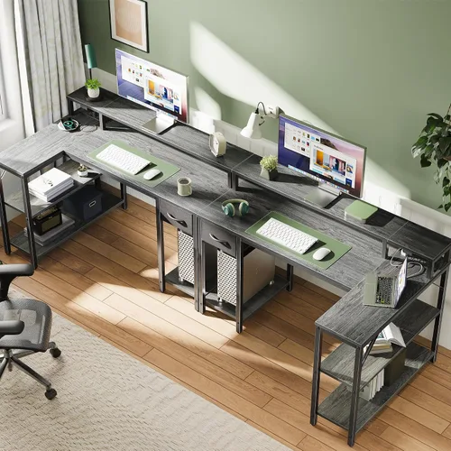 Vista 6 de SUPERJARE Escritorio reversible en forma de L de 47 pulgadas con luces LED y tomas de corriente, escritorio para computadora con estantes y soporte