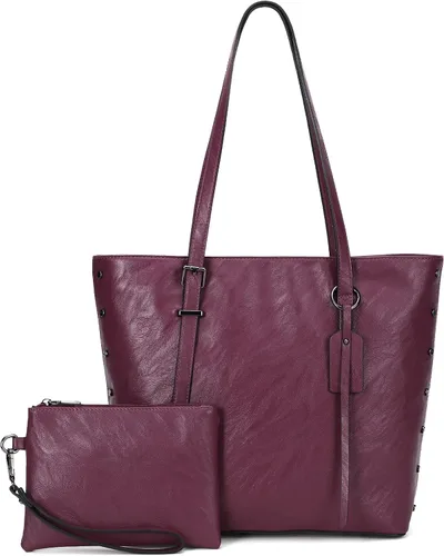 Vista 9 de KL928 Bolso de mano para mujer, bolso de mano de piel sintética, bolso de hombro grande, asa superior, monederos, juego de 2 piezas