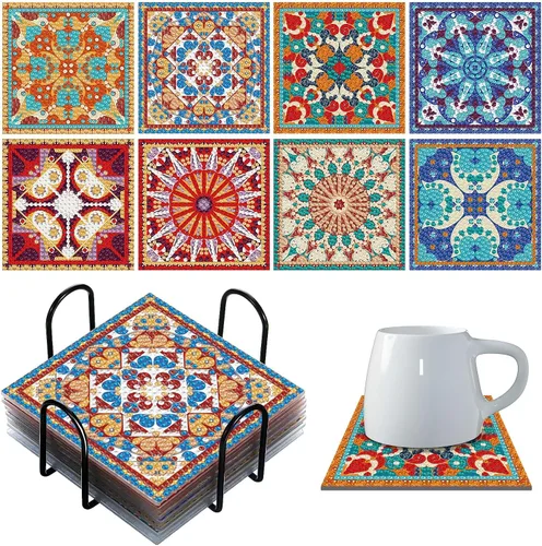 Vista 7 de Purpeak 8 posavasos de diamante Mahjong DIY pintura de diamantes posavasos arte Mah Jong posavasos con soporte para taza Mahjong mesa de bebidas