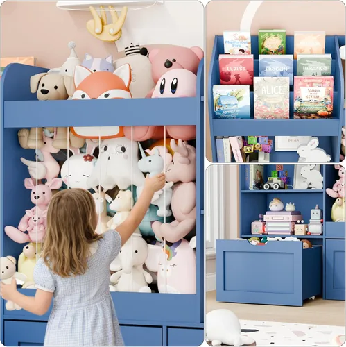 Vista 8 de Organizador de juguetes para niños de 61 pulgadas de ancho con almacenamiento de animales de peluche, estantería Montessori con 4 compartimentos
