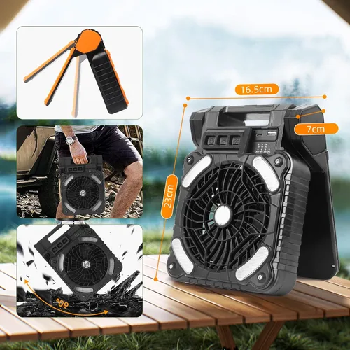 Vista 5 de Ventilador solar para camping de 20000 mAh, portátil, recargable, ventilador solar para cenador con luz LED y temporizador, batería inalámbrica de 4