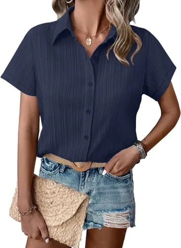 Vista 8 de HOTOUCH Camisa de vestir de manga corta con botones para mujer, cuello en V, con botones, para verano, con textura, para el trabajo