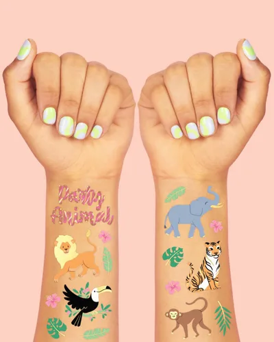 Vista 3 de xo, Fetti Tatuajes temporales de la selva - 36 estilos Arte de elefante + manualidades, suministros para fiesta de cumpleaños de animales