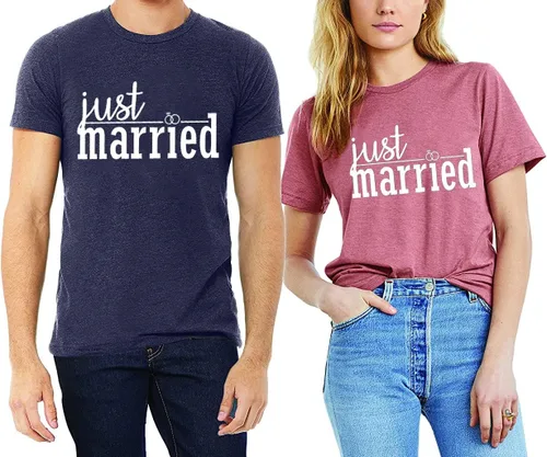 Vista 4 de Camiseta a juego para parejas para marido y esposa recién casados, camisas de luna de miel, camisas casuales de manga corta