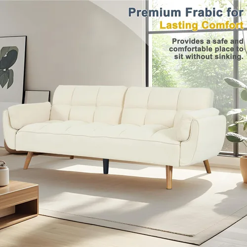 Vista 5 de Sofá cama tipo futón convertible, sofá cama con respaldo ajustable, sofá pequeño de espacio pequeño, sala de estar, dormitorio (beige)