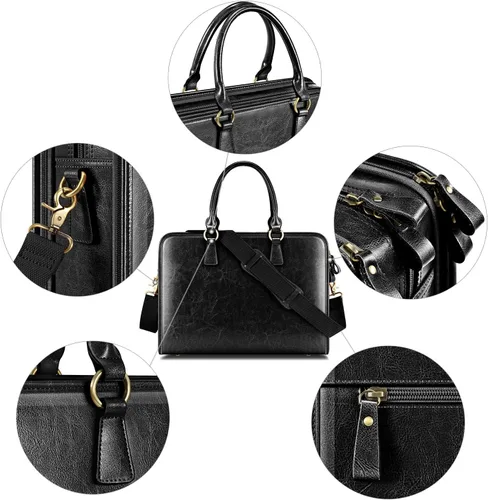 Vista 6 de Kattee Maletín de cuero genuino para mujer, bolsa de computadora portátil de gran capacidad con etiqueta de equipaje Negro