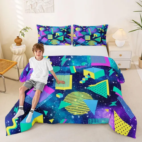 Vista 45 de Juego de edredón de estilo retro de los años 80, juego de ropa de cama de patrón geométrico abstracto, diseño urbano moderno con círculos