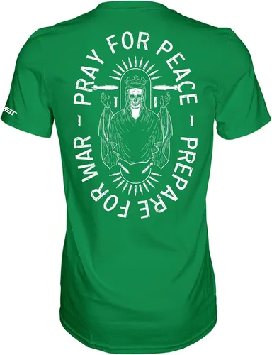 Vista 7 de Combat Iron Camiseta estampada de manga corta para hombre con texto en inglés "Pray for Peace, Prepare for War