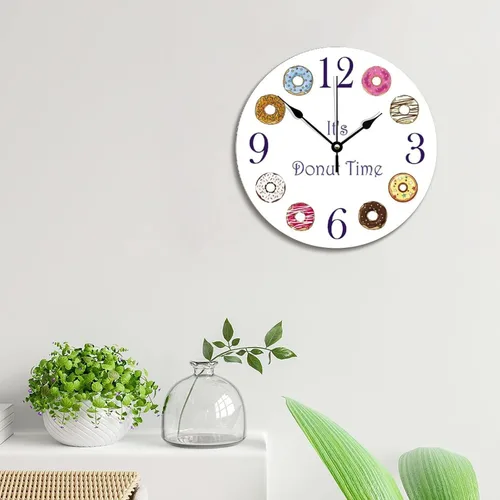 Vista 2 de ArogGeld It's Donut Time - Reloj de pared con forma de dona, silencioso, redondo, de madera, funciona con pilas, multicolor, talla única