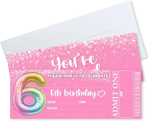 Vista 10 de Invitaciones de cumpleaños de 3 x 8 pulgadas – 20 tarjetas de invitación con purpurina rosa con 20 sobres – Boletos VIP estilo relleno de doble cara