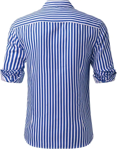 Vista 3 de Camisa de manga larga para hombre, ajuste regular, con botones, a rayas, estilo casual, de verano, de algodón, con cuello extendido