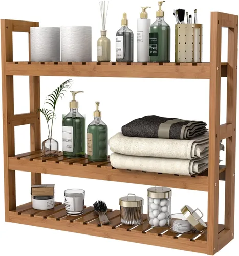 Vista 11 de Estante Domax de bambú, para baño, 3 niveles de montaje en pared, multifuncional, capa ajustable, de pie, para colocar por encima del inodoro