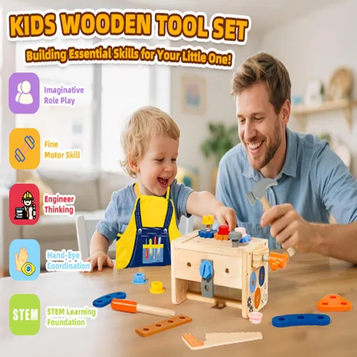 Vista 4 de TONZE Juego de herramientas para niños con delantal, caja de banco de herramientas de madera para niños pequeños, juguetes Montessori para niños