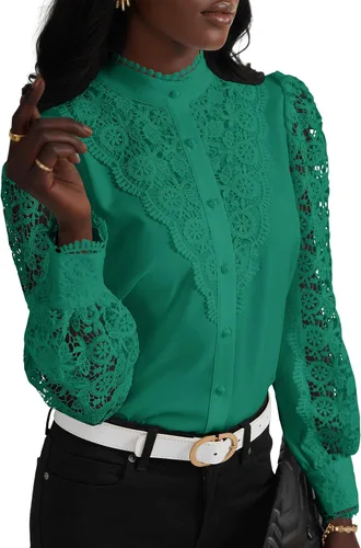 Vista 30 de Rooscier Blusa Elegante de Encaje de Crochet con Cuello Alto Simulado de Manga Larga con Botones para Mujer Top