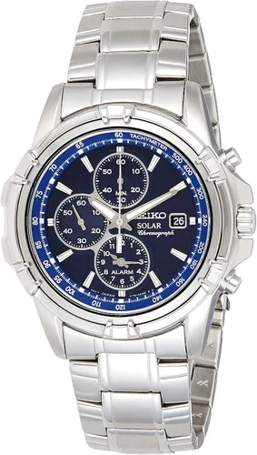 Vista 4 de SEIKO Reloj SSC141 para hombre - Esfera azul con cronógrafo solar, calendario de fecha y agujas LumiBrite, acero inoxidable y resistente al agua