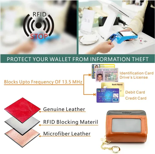Vista 6 de ANDOILT Cartera pequeña de piel auténtica para mujeres y hombres, bloqueo RFID, con doble cremallera, acordeón, tarjetero y llavero, L1 marrón