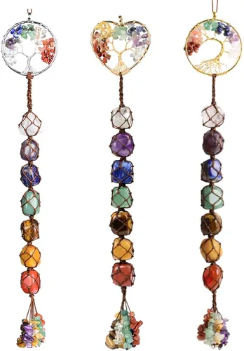 Vista 9 de Árbol de la vida hecho a mano con 7 piedras de chakras, cristales curativos, adorno colgante para decoración del hogar