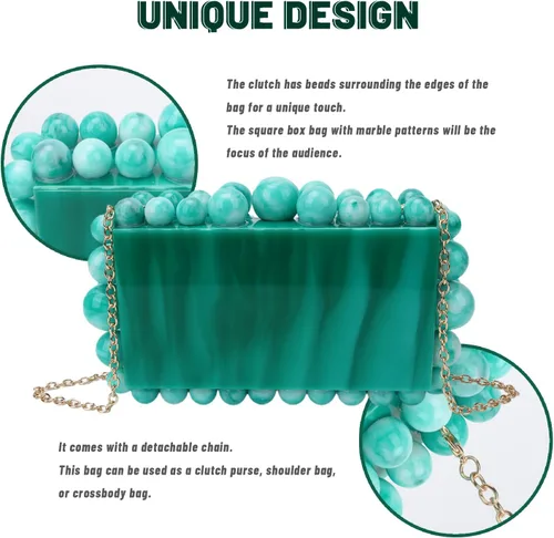 Vista 5 de Fecialy Acrylic Clutch Purse for Women Marble Handbags Pearl Evening Bag Beads Square Cross Body Bag for Wedding Party