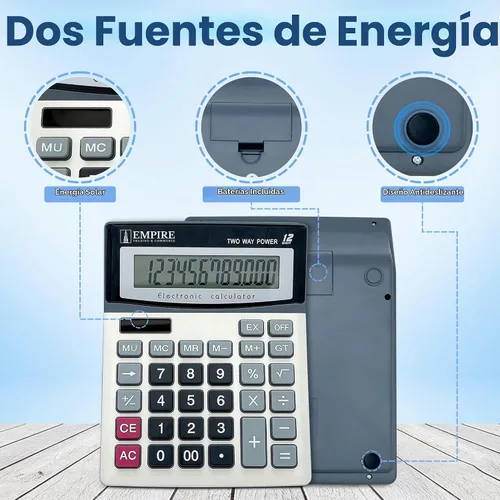 Vista 6 de Empire - Calculadora de escritorio con botones de teclas grandes, pantalla grande de 12 dígitos en ángulo de ojo, funciona con energía solar