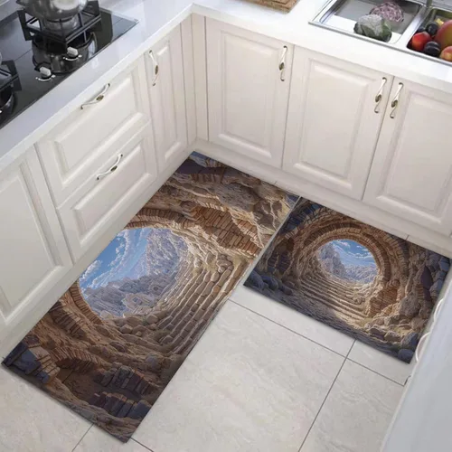 Vista 3 de Kitchen Mats for Floor 2 Piece Set 3D Rock Cave Non Slip Kitchen Rugs Washable Retro Architecture Floor Mats Brown Area Rug Runner for Hallway
