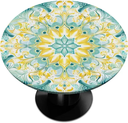 Vista 29 de Pardick Mantel redondo ajustable con diseño de flores color verde azulado, con diseño de mandala, con elástico, impermeable, lavable
