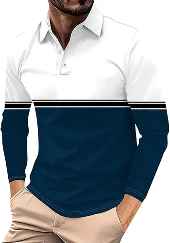 Vista 28 de Camisa polo para hombre, manga larga, cuello abotonado, bloque de color, moda para trabajo y golf