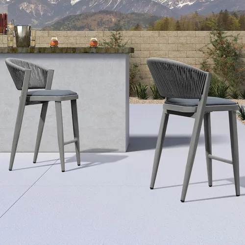 Vista 14 de PURPLE LEAF Taburete de bar de altura de mostrador, juego de 2 modernos taburetes de mimbre de ratán de aluminio para exteriores con respaldo