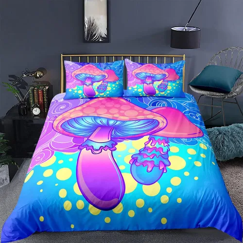 Vista 12 de Juego de funda de edredón psicodélico de fantasía con diseño de hongos psicodélicos, galaxia, verde cielo, morado, diseño de hongos estrellados, #1